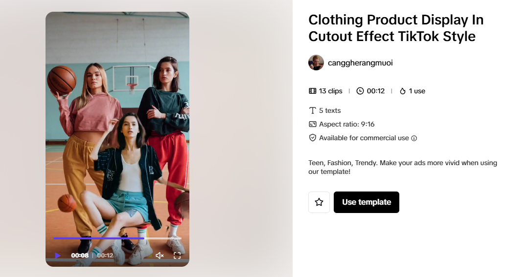 Clothing product display template using TikTok-style visuals, ideal for showcasing winning products for dropshipping.